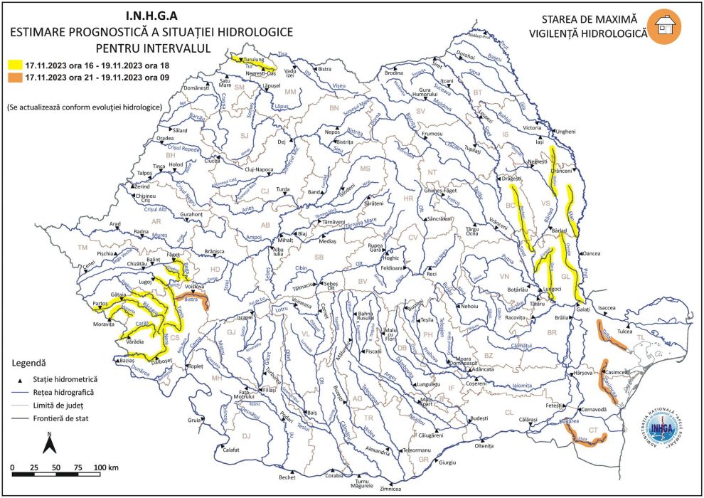 INHGA: Risc de viituri pe râuri din 10 bazine hidrografice