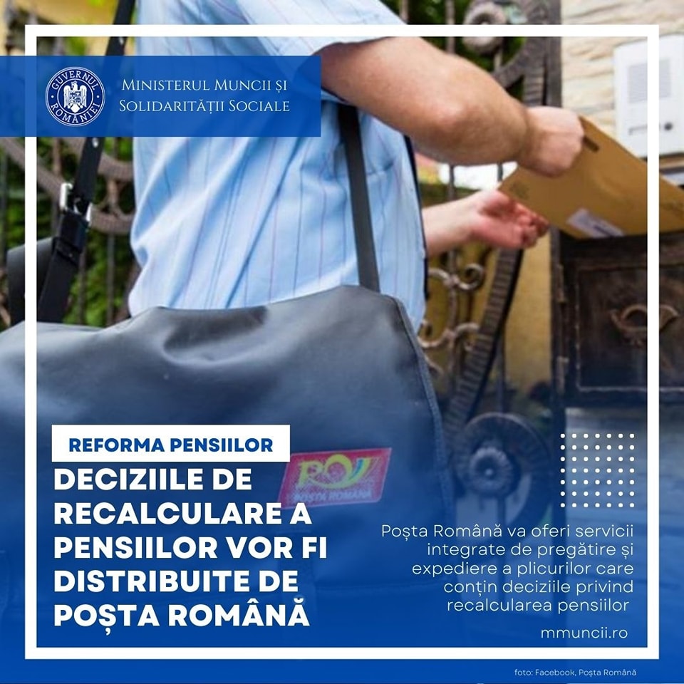 Ministerul Muncii: Deciziile de recalculare a pensiilor, distribuite de Poşta Română