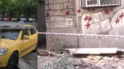 Balconul unui bloc din zona Cișmigiu s-a prăbușit peste o mașină!
