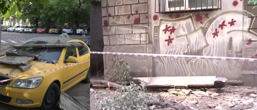 Balconul unui bloc din zona Cișmigiu s-a prăbușit peste o mașină!