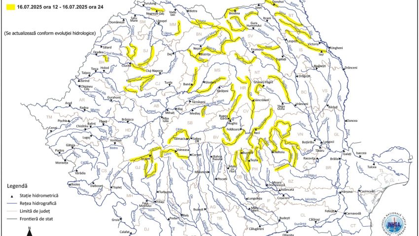 INHGA: Cod galben de inundaţii pe râuri din 25 de judeţe, până la miezul nopţii