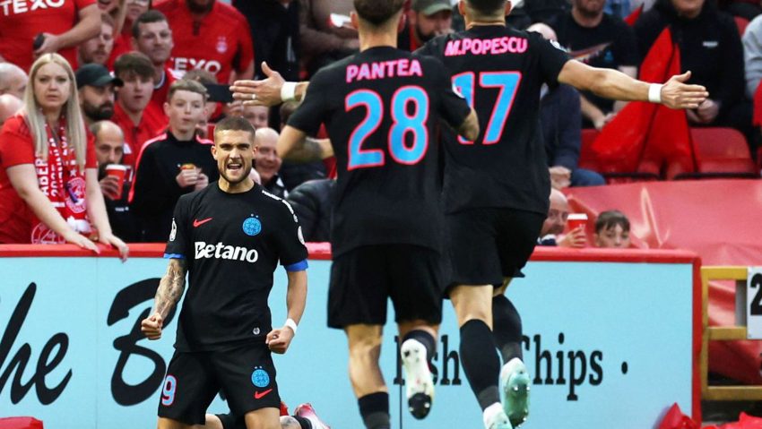 FCSB nu rezistă în 10 oameni în Scoția, dar păstrează șanse serioase la calificarea în faza principală din UEFA Europa League: Daniel Bîrligea, gol și pasă de gol, la primul duel direct dintre campioana României și Aberdeen