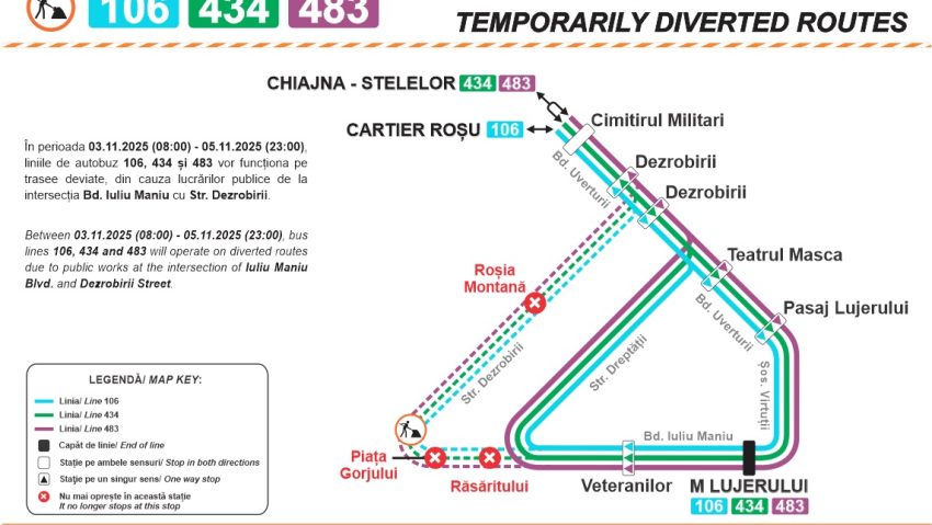 Liniile 106, 434 și 483, deviate temporar!