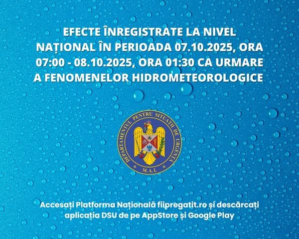 DSU: Zece judeţe şi Capitala – afectate de fenomenele hidrometeorologice