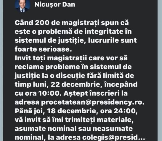 Președintele Nicușor Dan invită magistrații care vor să reclame probleme în sistemul de justiție, la o discuție