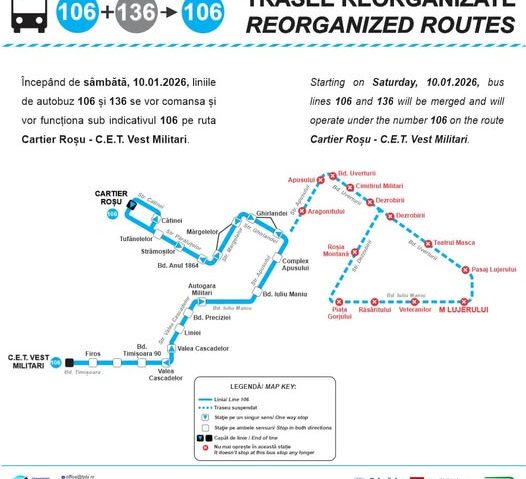 TPBI: Liniile de autobuz 106 și 136, comasate, vor circula sub indicativul 106