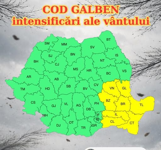 ANM: Cod galben de vânt în zone din cinci judeţe şi în Bucureşti, sâmbătă