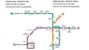 Linia de tramvai 55 va fi suspendată de sâmbătă, iar troleibuzele liniei 97 vor funcţiona pe un traseu modificat