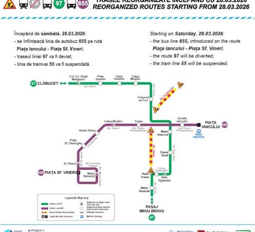 Linia de tramvai 55 va fi suspendată de sâmbătă, iar troleibuzele liniei 97 vor funcţiona pe un traseu modificat