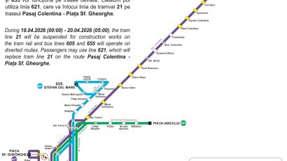 Linia 21 de tramvai, suspendată, în weekend