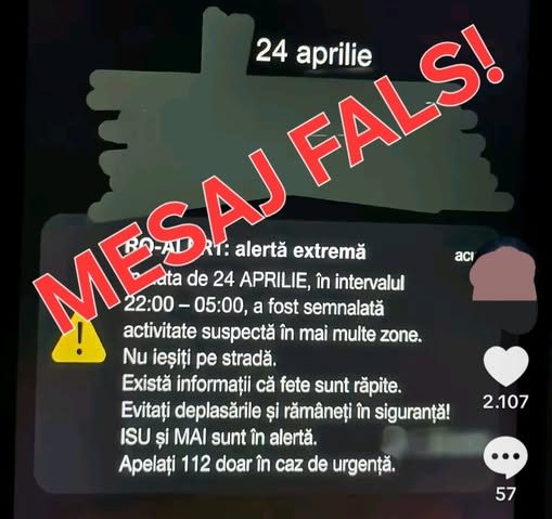 Mesaj fals RO-ALERT pus în circulaţie pe reţelele de socializare