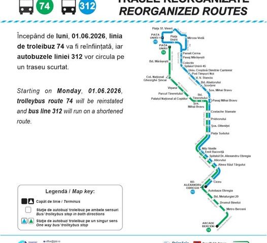 TPBI reînfiinţează linia 74; Linia 312 – scurtată