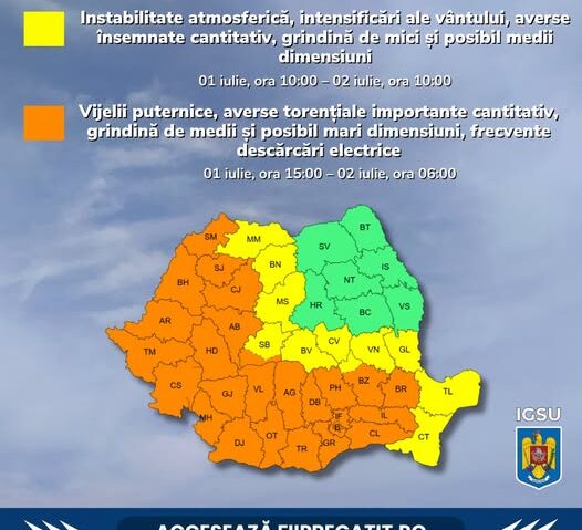 Codurile de instabilitate atmosferică accentuată rămân în vigoare până mâine, ora 10:00