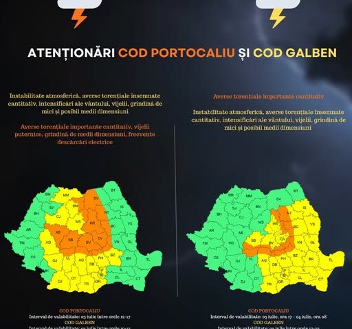 Cod galben de instabilitate atmosferică în zone din 19 judeţe, vineri şi sâmbătă