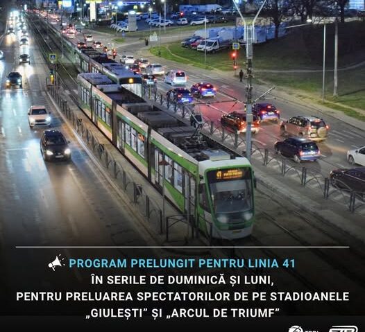 Tramvaiul 41 va circula după un program prelungit duminică şi luni