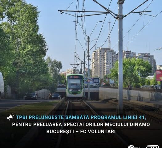 TPBI prelungeşte programul liniei 41 pentru preluarea spectatorilor la meciul Dinamo Bucureşti – FC Voluntari