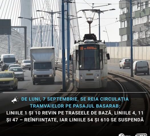 De luni, 7 septembrie, se reia circulaţia tramvaielor pe Pasajul Basarab